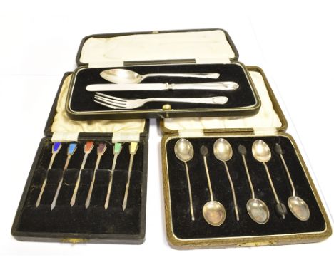 COLLECTION OF SILVER comprising a set of six Walker &amp; Hall silver enamel cocktail sticks, cased silver knife, fork and sp