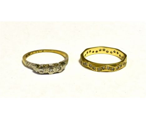 TWO GOLD RINGS 18CT Goshenite eternity band with octagonal outer shape. Ring size O, weight 3g. Diamond illusion set ring wit