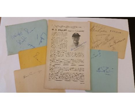 CRICKET, signed album pages etc., inc. Yardley, Bedser, Wyatt, Tomkin, Heane, Pritchard, Hall (May, Bowes, Edrich, Graveney &