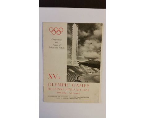 OLYMPICS, programme of events for the 1952 Helsinki Olympiad, showing times for each days events & ticket prices, English lan