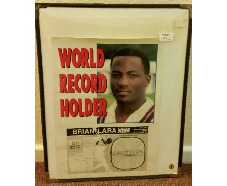 CRICKET, signed poster for Brian Lara's 375, World Record Recorder, with portraits & pie-chart, 11 x 16, VG
