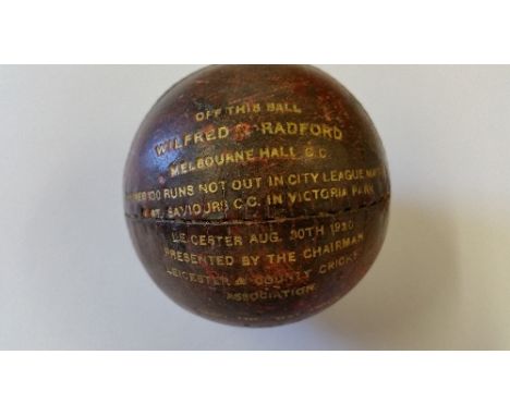 CRICKET, presentation ball given to Wilfred Radford of Melbourne CC 1930, for 102no and hat-trick, extensive gilt titles to b