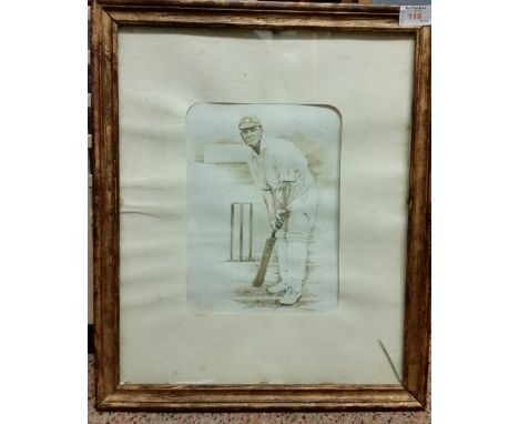 CRICKET, watercolour sketch of an early (unidentified) cricketer, by Gill Anderson, full-length batting, framed & glazed, 15 