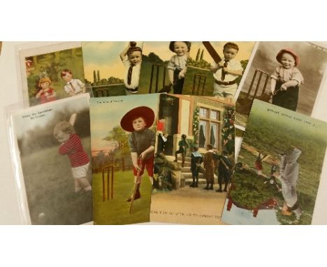 CRICKET, postcards, children, mixed pubs and artists, inc. Bamforth, Rotary, Valentines etc., pu (13), corner and edge knocks