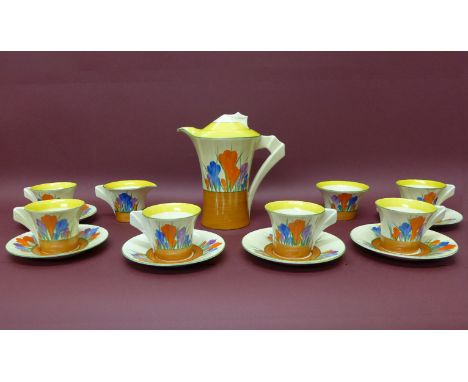 A Clarice Cliff Bizarre Crocus pattern coffee service, chip to inner 'rim' of coffee pot lid, one cup with 1cm hairline crack