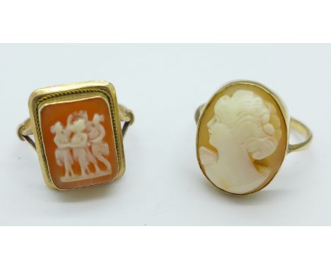Two cameo rings, marked 9ct and K14, total weight 4.7g, K and H
