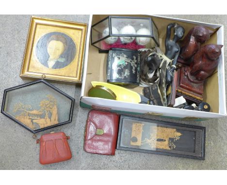 Assorted items including a novelty salt and pepper, a pair of cat bookends, cork pictures, a portrait, etc.