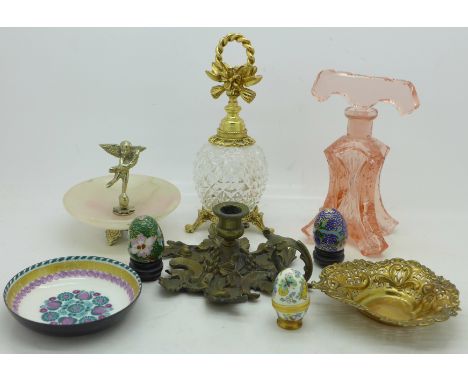 Two glass scent bottles, a cast metal chamber stick, cloisonne eggs, etc.