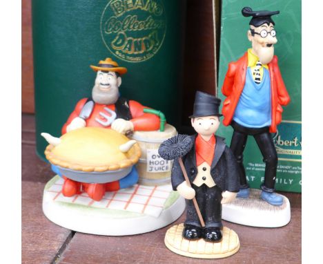 Three The Beano and Dandy Collection figures, Desperate Dan, Teach' and Roger Varley chimney sweep, boxed