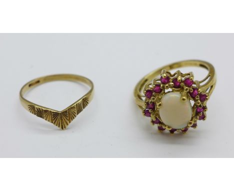 Two 9ct gold rings, one set with opal and rubies, total weight 4.6g, Q (opal) and O