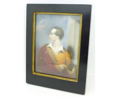 A miniature oil on panel, half portrait of the young Lord Byron, in an ebonised frame