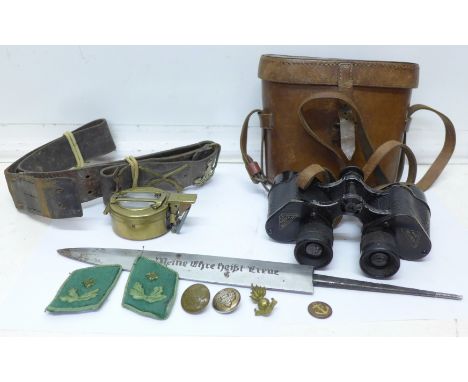 Assorted military items including a pair of C.P. Goerz binoculars, blade dated 1936, a Stanley London prismatic compass, etc.
