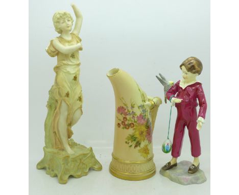 A Royal Worcester tusk form pitcher with branch form handle, a Royal Worcester figure, The Parakeet a/f and an Austrian figur