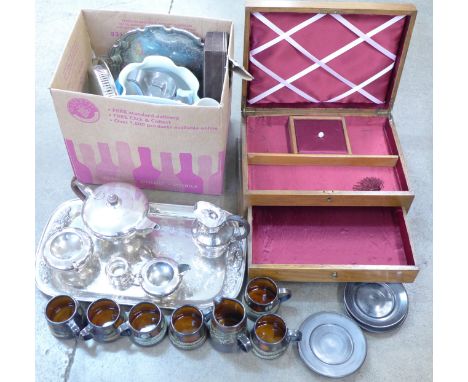 A four piece plated tea service, china including a water jug with pewter top, a jardiniere and a large oak work box