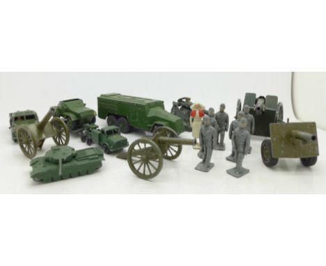 Dinky and Lesney die-cast military vehicles and a collection of Britains and other lead model soldiers