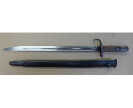 A 1907 pattern bayonet with hook and quillon manufactured August 1912 at Enfield, with scabbard