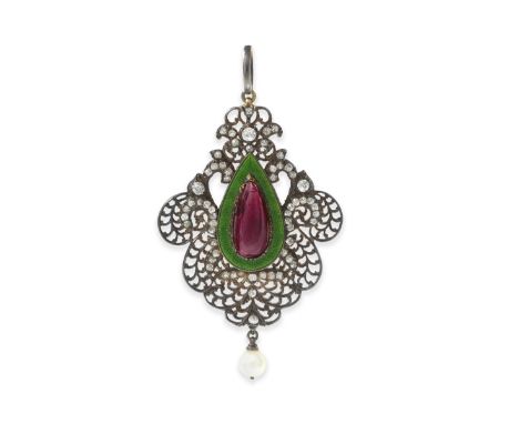 CARLO AND ARTHUR GIULIANO: ENAMEL AND GEM-SET PENDANT, CIRCA 1895The pear-shaped garnet carbuncle, within a border of green g