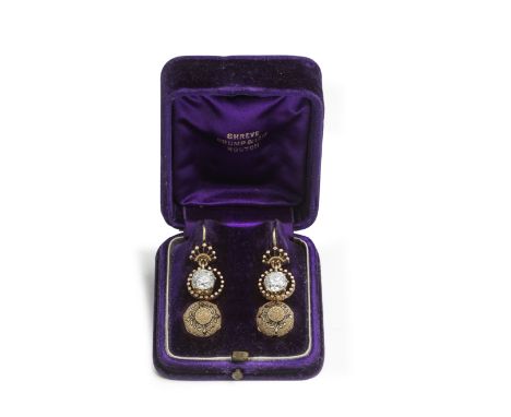 DIAMOND AND ENAMEL 'NIGHT AND DAY' PENDENT EARRINGS, CIRCA 1880Each cushion-shaped diamond weighing 2.83 or 2.85 carats, susp