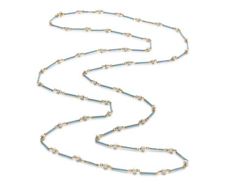 CARLO GIULIANO: ENAMEL AND PEARL CHAIN, CIRCA 1880The fine chain necklace composed of turquoise enamel 'candy twist' batons, 