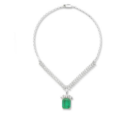 EMERALD AND DIAMOND NECKLACEThe step-cut emerald beneath five marquise-cut diamonds, suspended from a fancy-link necklace set