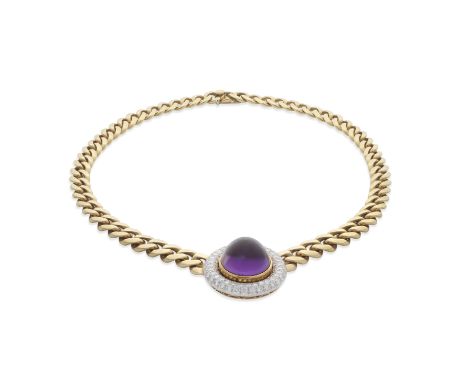 CARTIER: AMETHYST AND DIAMOND NECKLACEThe amethyst cabochon within a brilliant-cut diamond surround, to a tapering curb-link 