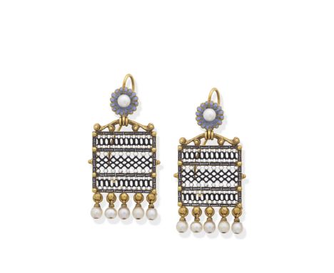 CARLO GIULIANO: ENAMEL PENDENT EARRINGS, CIRCA 1870Each delicate latticework panel with monochrome enamel decoration, with be