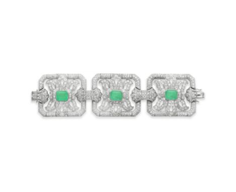 EMERALD AND DIAMOND BRACELET, CIRCA 1930Composed of three articulating openwork plaques, with repeating foliate motifs of Per