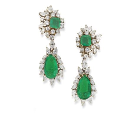 EMERALD AND DIAMOND PENDENT EARRINGS,  CIRCA 1960Each pear-shaped emerald within a surround of pear-shaped and marquise-cut d