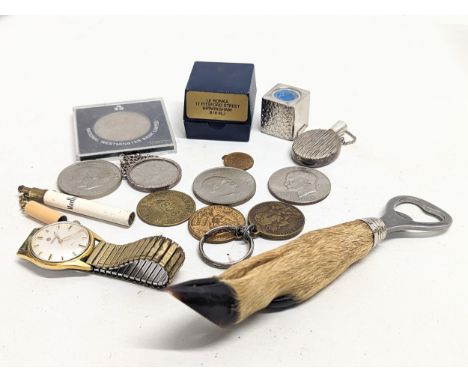 A sundry lot including a James Mackie &amp; Sons Belfast token, a vintage Roamer watch, a vintage Marlboro novelty lighter, v