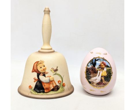 A Goebel pottery bell 1981, and Goebel porcelain egg "Goose Girl." 