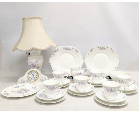 25 pieces of Aynsley 'Little Sweetheart' pottery including lamp, mantle clock, teacups and saucers with 2 cake plates. 
