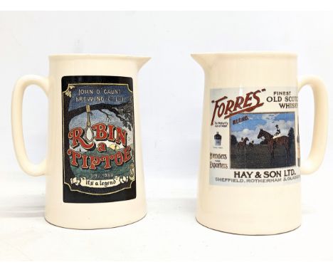 A 'Robin A Tiptoe' John O'Gaunt Brewing advertising pottery jug with Hay &amp; Son Ltd 'Forres' Old Scotch Whisky pottery jug