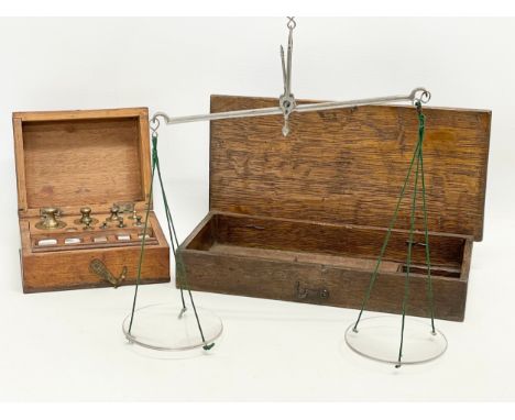 Late 19th century balance scales in case with weights in case. 