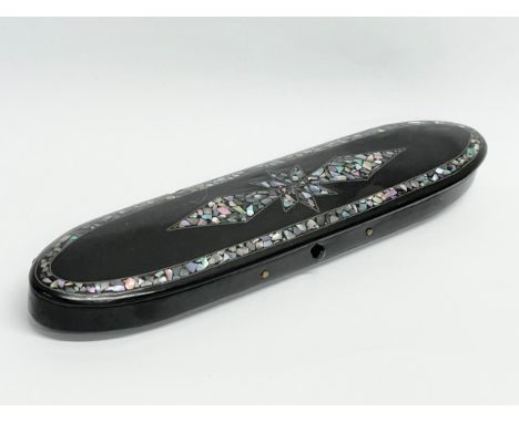 A Victorian lacquered case with Mother Pearl inlay. 17cm 