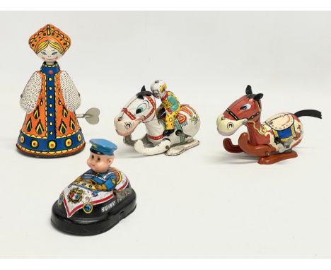 4 vintage tinplate windup toys. A Mikuni Japanese tinplate horse, a Yone Japanese tinplate Highway Patrol Bumper Car, a Mikun