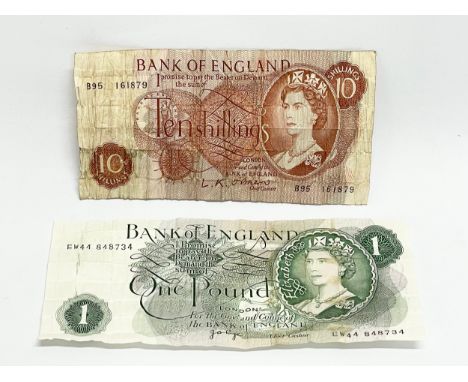 A vintage £1 note and a 10 Shilling note. Bank of England. 