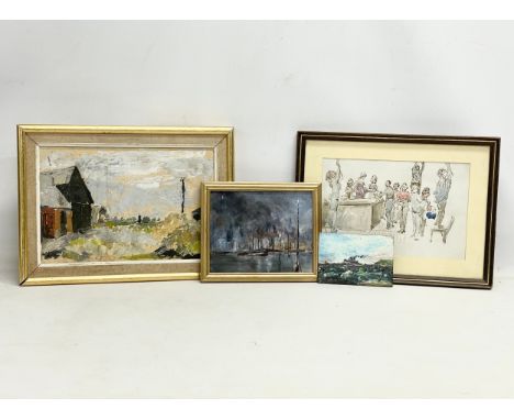 3 vintage oil paintings and a watercolour. Largest 42x31cm. 