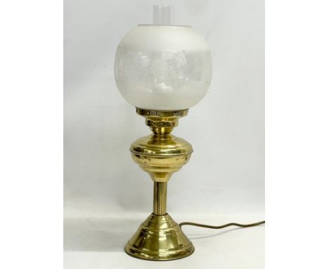 A vintage brass table lamp with etched glass shade. 51cm 