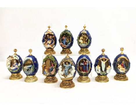A collection of House of Fabergé Rise of Christ Eggs. Approximately 12.5cm 