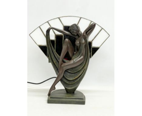 A Crosa resin lamp with stain glass shade. 36x38cm
