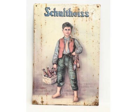 A vintage German enamel ‘Schultheiss’ advertising sign. 39.5x60.5cm 