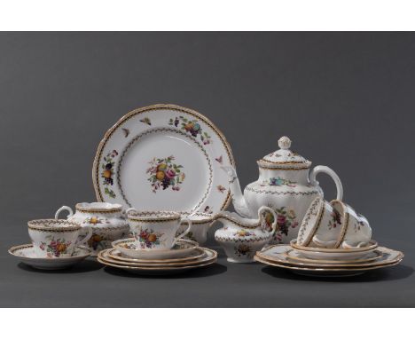 Comprising: a teapot, 6 cups, 9 saucers, 6 cake plates, a creamer, a sugar basin, cover lacking, and 3 cake servers(28)