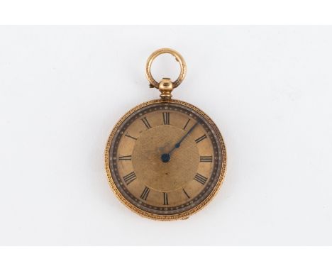 The circular gilt dial with black Roman numerals and engine-turned decoration with chased flower heads and scrolling foliage,