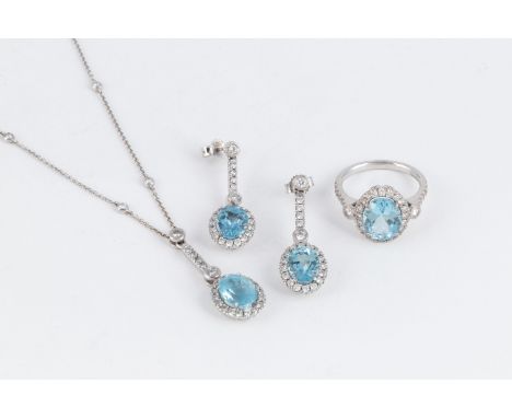 AN AQUAMARINE AND DIAMOND DEMI-PARURE, BROWNSComprising: a ring, a pair of pendant earrings and a pendant necklace, each cent