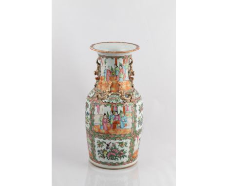 The baluster body painted with shaped cartouches alternated with figures at various pursuits and birds amongst flowering bran