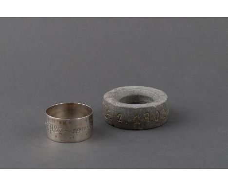Inscribed 'V.G.' 1901; And another, metal, inscribed 'E.P.S.'1899 ANGLO-BOER WAR 1902, the inner ring inscribed 'F.Bosman POW
