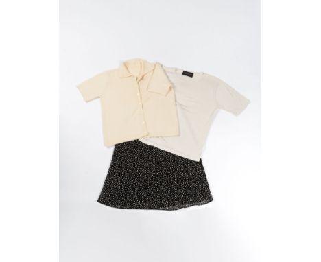 A LADIES VINTAGE OUTFITComprising: a cream 100% silk pullover, a cream knit cardigan, a black and cream Marks and Spencer'sSk
