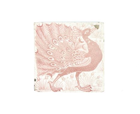 A William De Morgan (1839-1917) Sands End Pottery tile of a peacock,  Arts and Crafts era, 15.5cm x 15.5cm,  there is a loss 