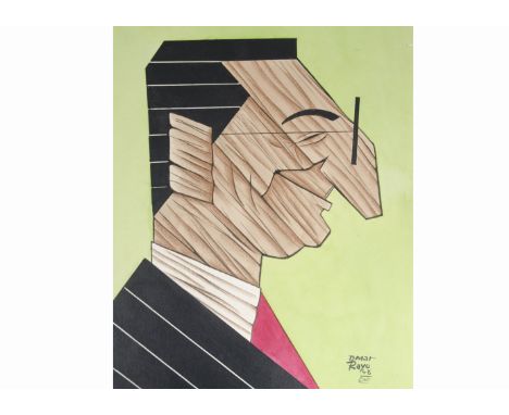 Omar Rayo (Colombian 1928–2010), watercolour of a side profile of a male face, partially constructed from wood with spectacle