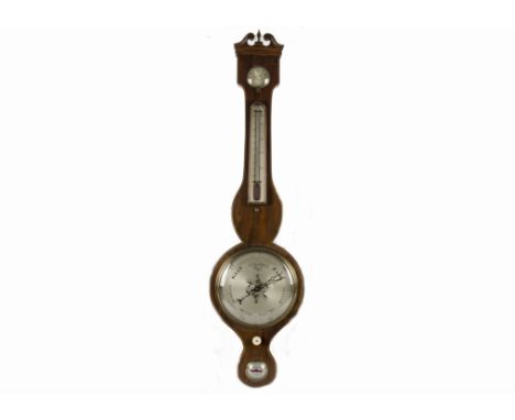 A 19th Century banjo barometer, the thermometer placed above the silvered dial, within an inlaid mahogany case topped with a 